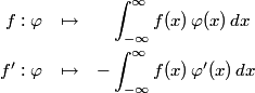 f: varphi mapsto int_{-infty}^infty f(x) , varphi(x), dx \ f': varphi mapsto -int_{-infty}^infty f(x) , varphi'(x), dx