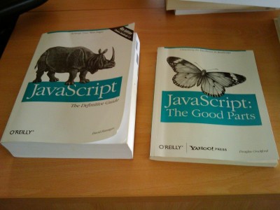Photos of JavaScript books, the good parts being much smaller