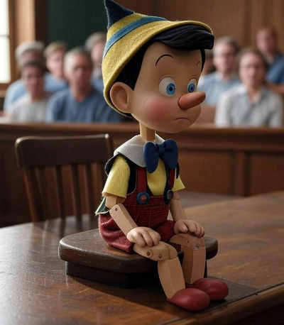 Pinocchio talking to a judge