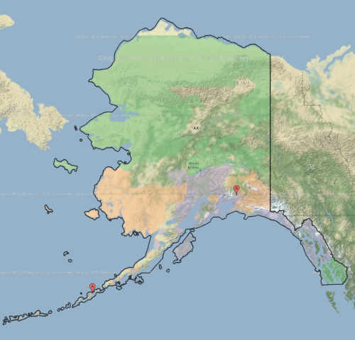 Map of Alaska showing Unalaska and Valdez