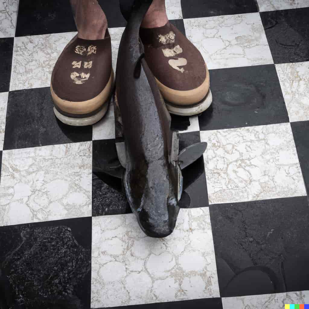 A fish on a chessboard with someone standing behind it