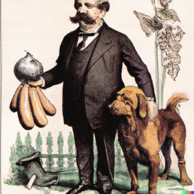 Grover Cleveland with a onion-banana and a dog