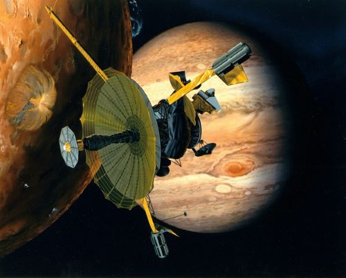 Artist conception of Galileo probe surveying Jupiter and its moons
