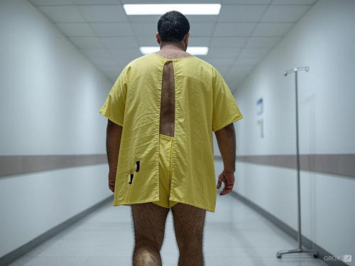 Man in a yellow hospital gown with hairy back and legs exposed