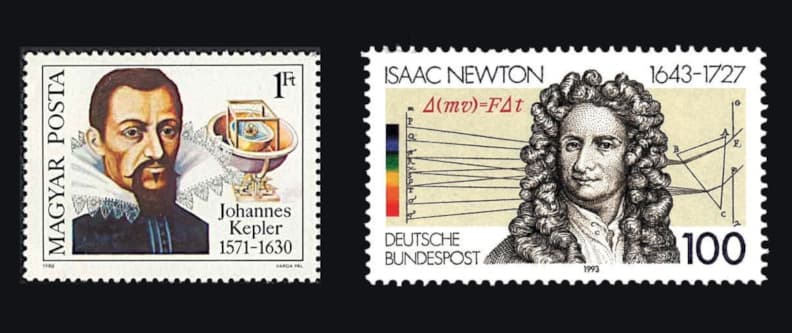 Postage stamps featuring Kepler and Newton