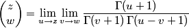 binomial coefficient as limit of gammas