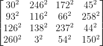 \begin{bmatrix} 30^2 & 246^2 & 172^2 & 45^2 \\ 93^2 & 116^2 & 66^2 & 258^2 \\ 126^2 & 138^2 & 237^2 & 44^2 \\ 260^2 & 3^2 & 54^2 & 150^2 \\ \end{bmatrix}