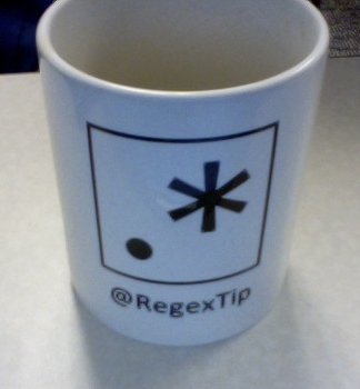 photo of coffee mug with @RegexTip logo