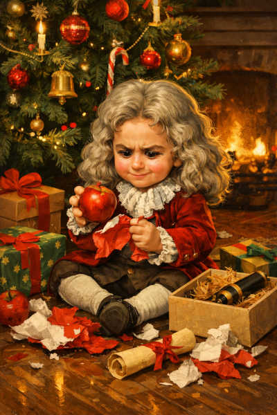 A young Isaac Newton unwrapping and apple as a Christmas present.