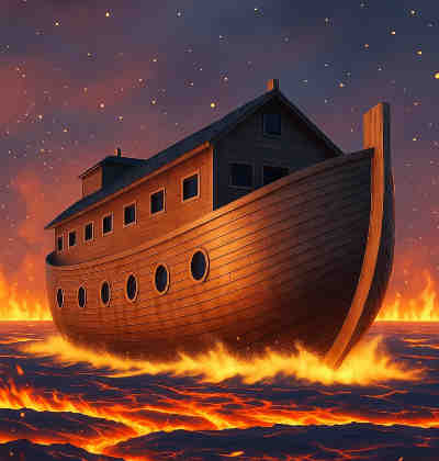 Noah’s ark floating on lava