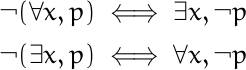 \begin{align*} \neg(\forall x, p) &\iff \exists x, \neg p \\ \neg(\exists x, p) &\iff \forall x, \neg p \end{align*}