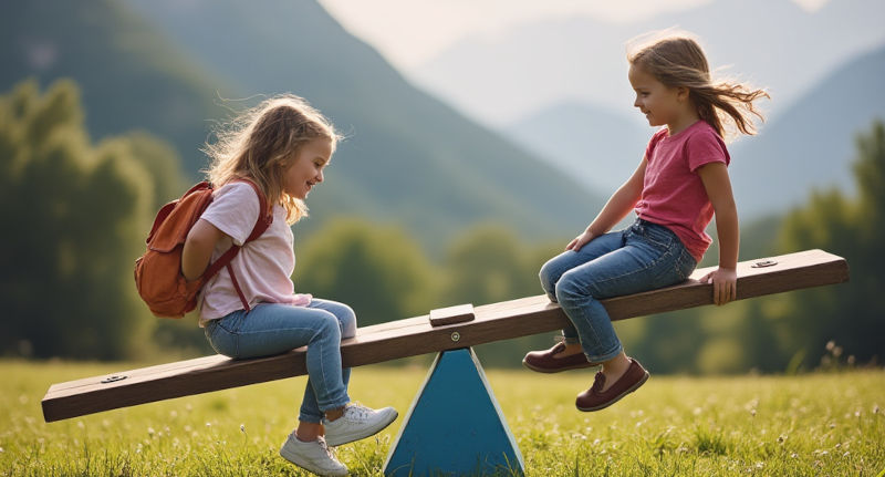 Two girls playing on a seesaw