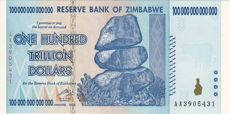 Zimbabwe one hundred trillion dollar note