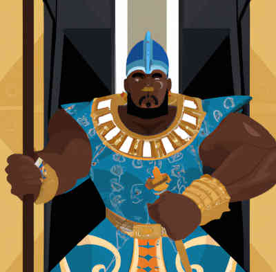 Shaka Zulu, spear in hand, riding in an elevator